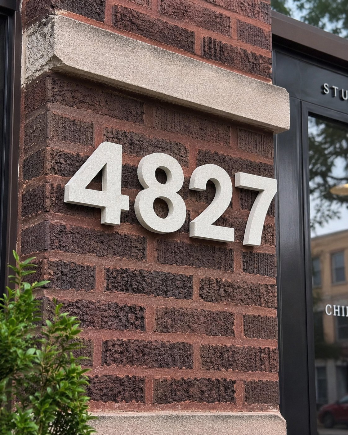 Individual dimensional GFRC house numbers mounted directly on brick