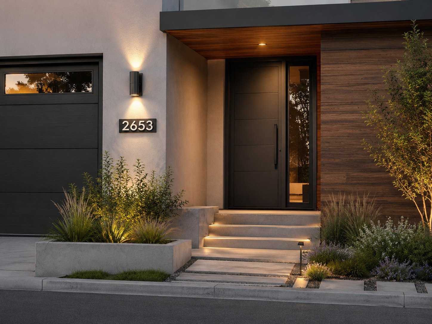 ArchStone GFRC address plaque near a modern entry in evening light