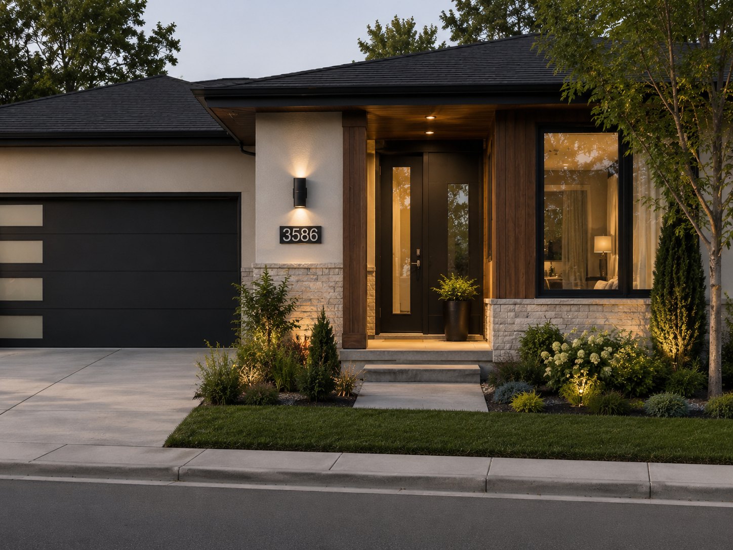 Evening facade with ArchStone GFRC address plaque near entry lighting