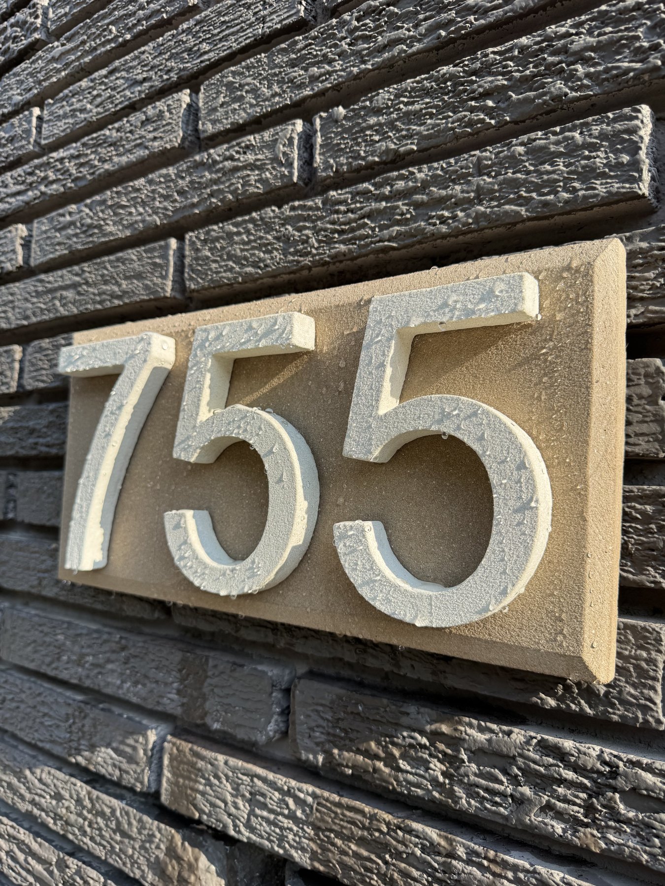 755 GFRC address plaque installed on dark brick
