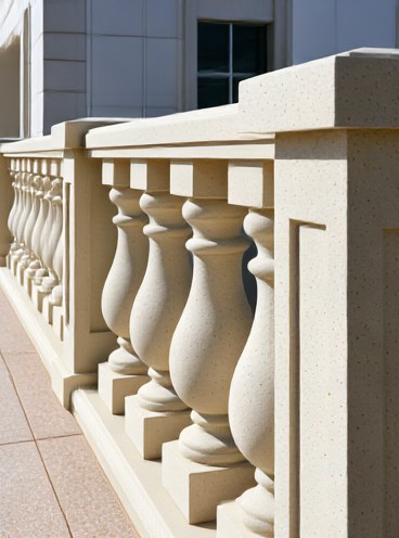 Sandstone-style balustrade system with pillars and railing