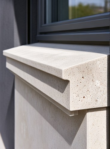 Sandstone-style exterior window sill detail under modern window