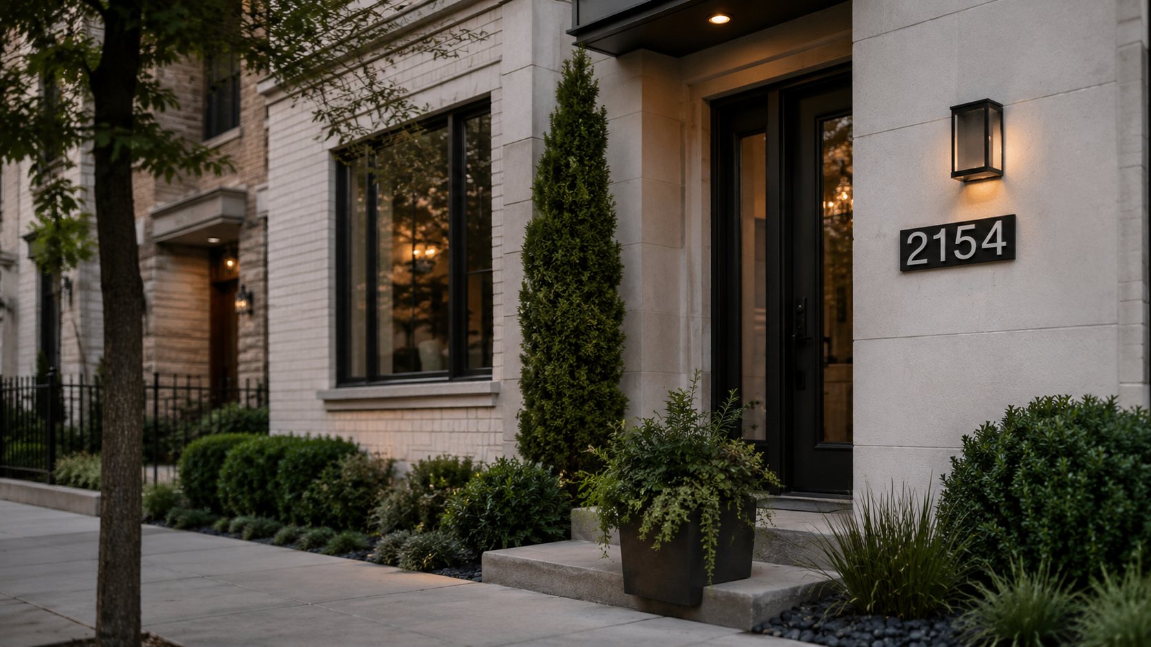 Wide facade with custom 2154 address plaque