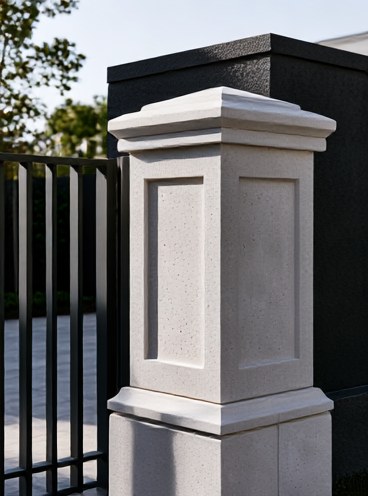 Close-up of sandstone-style pillar cap and exterior wall detail