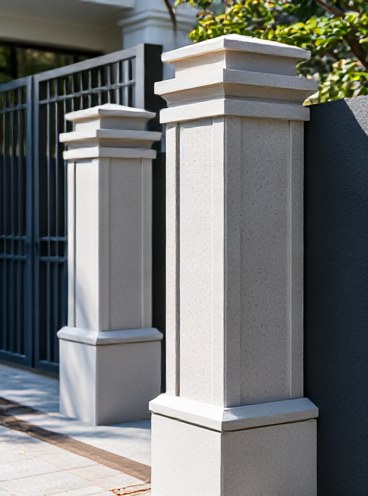 Two sandstone-style gate pillars with black metal gate