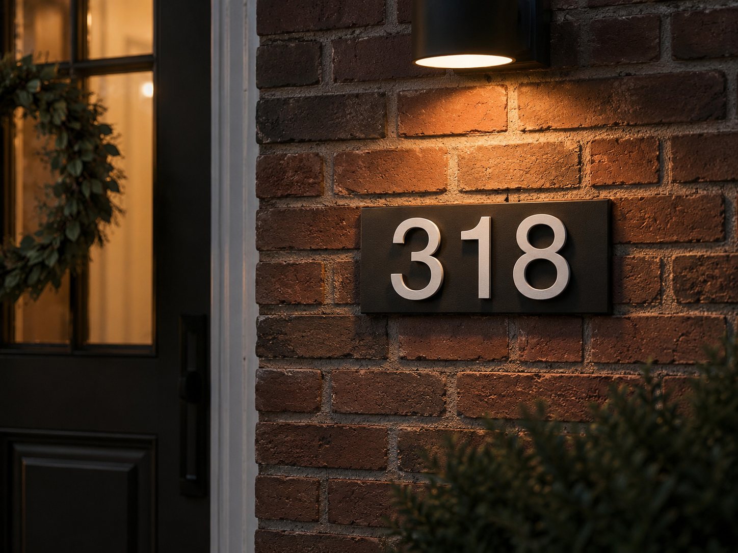 Horizontal dark stone address plaque with raised 318 numbers on red brick