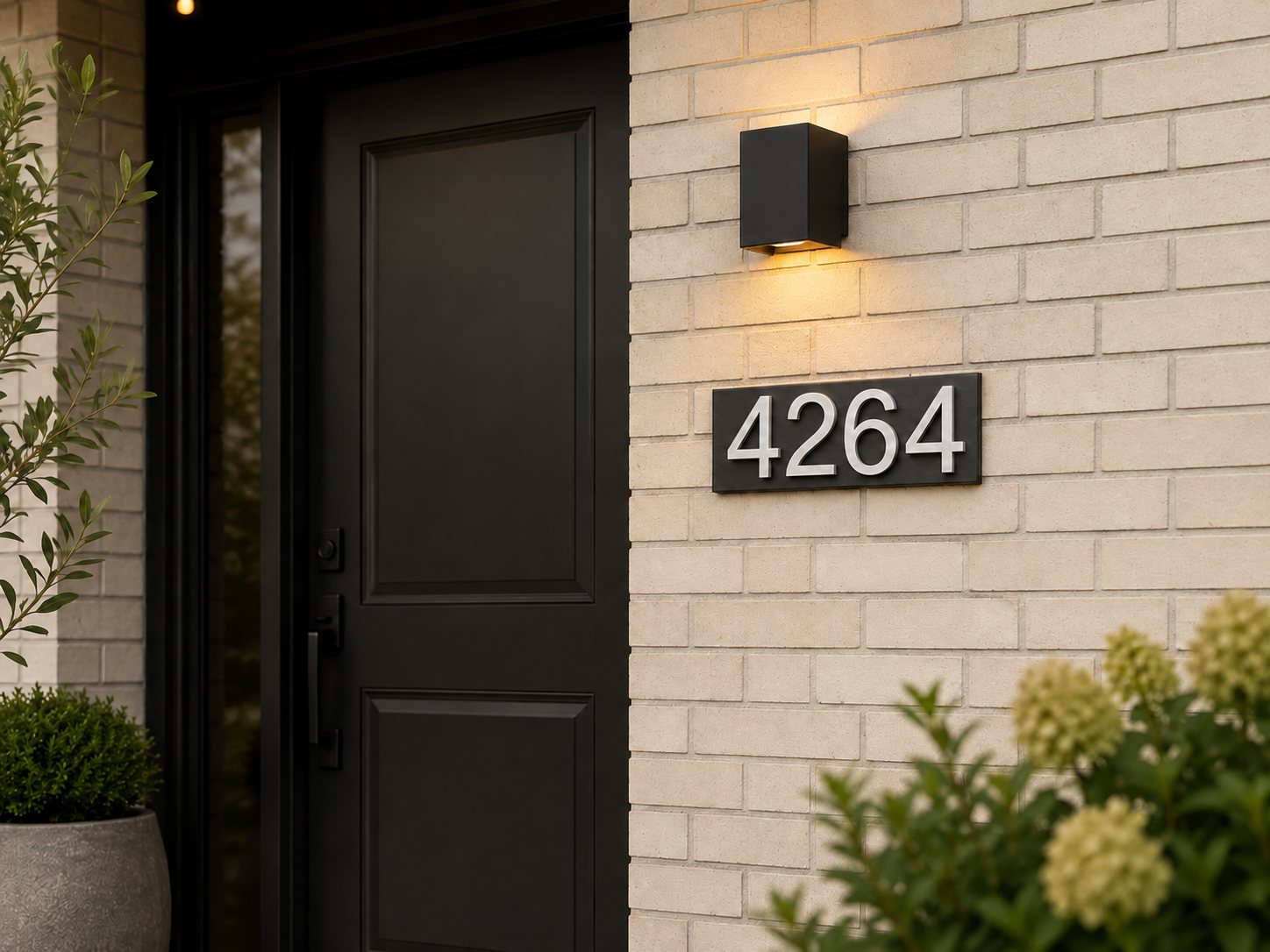 Custom 4264 address plaque on light brick beside a front door