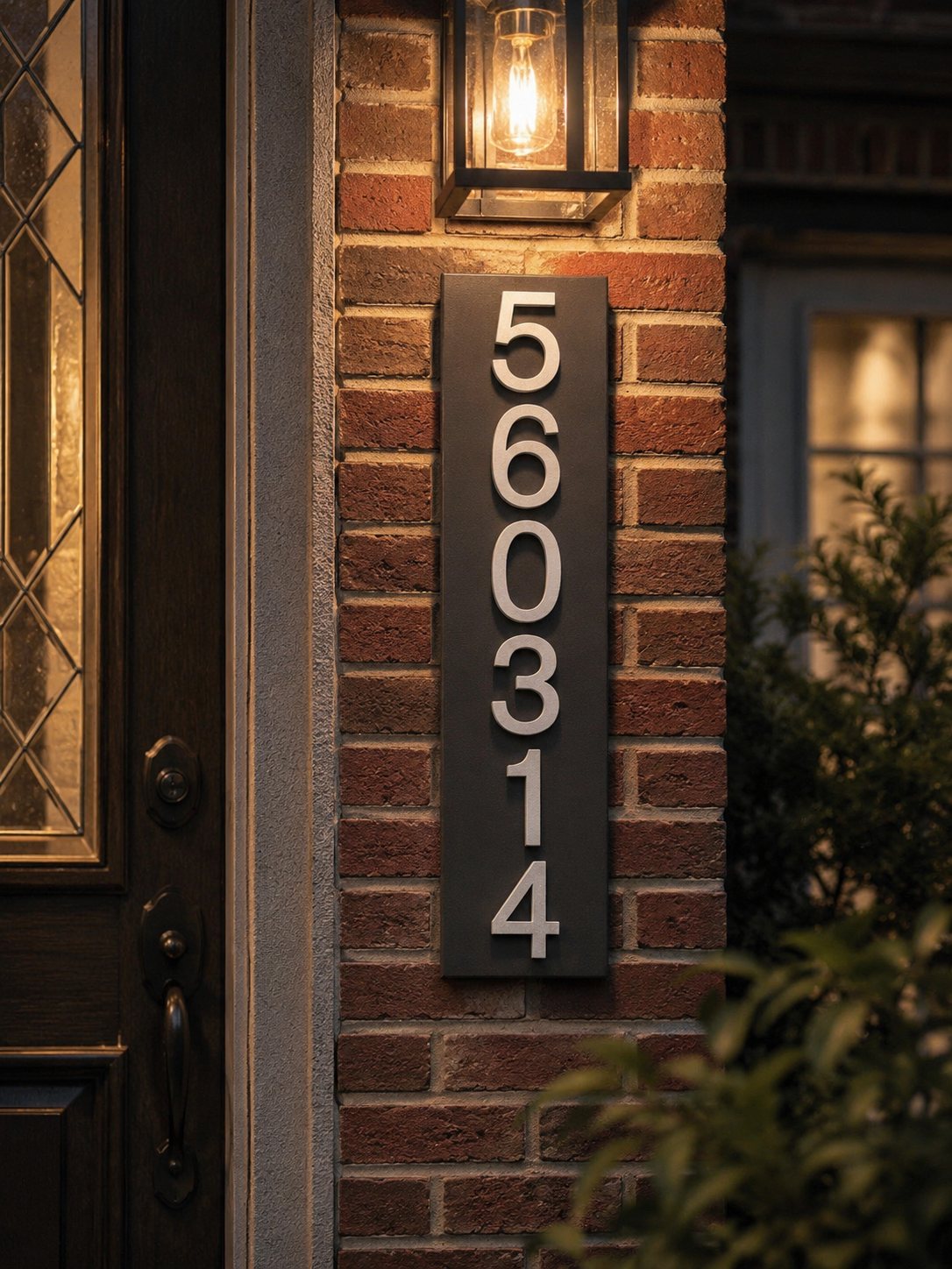 Vertical stone address plaque on red brick beside front door