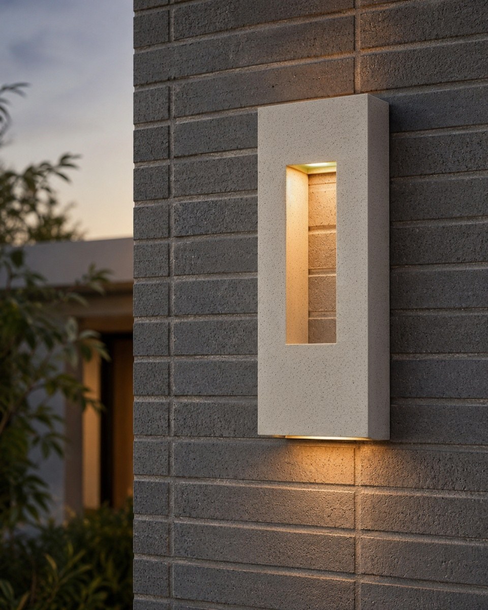 Modern sandstone-style exterior wall light with warm glow on brick