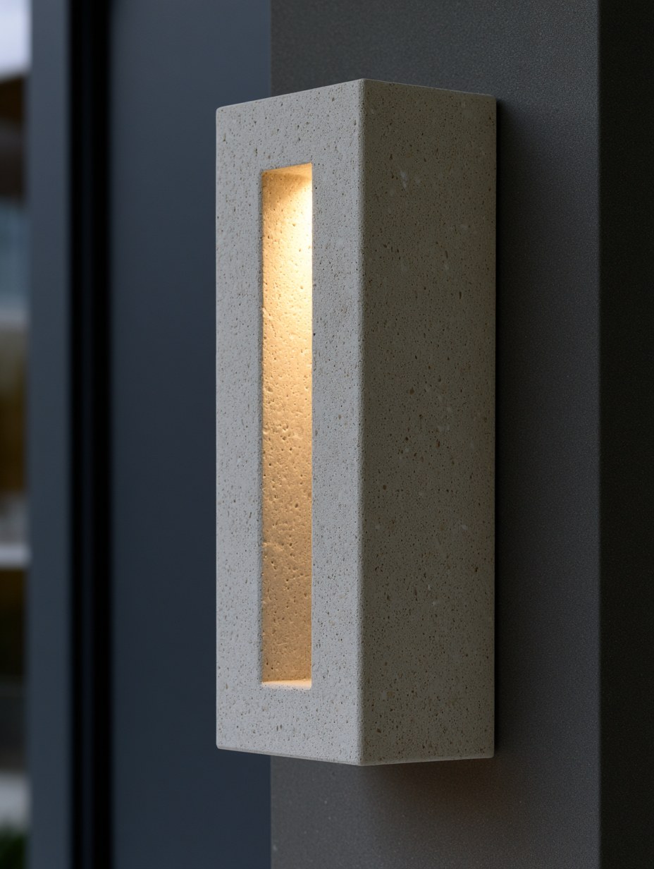 Close-up of vertical sandstone-style exterior lamp