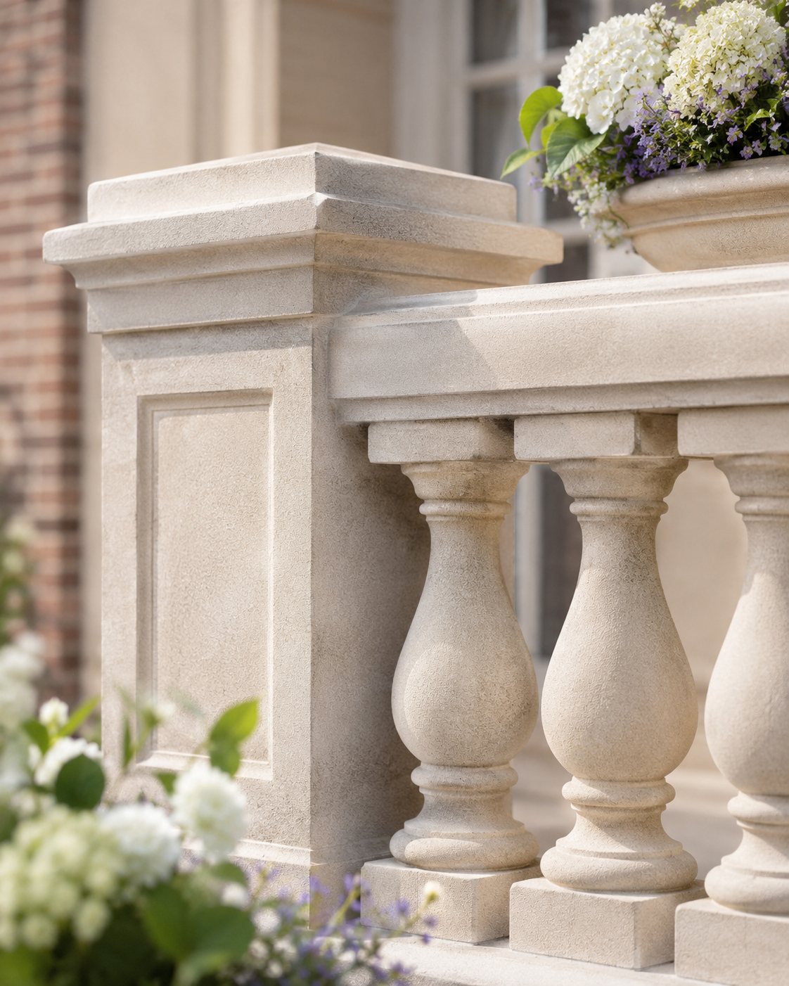 Close-up of a single sandstone-style baluster detail
