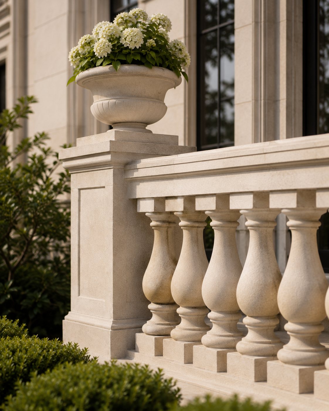 Sandstone-style exterior column and planter detail with architectural stone finish