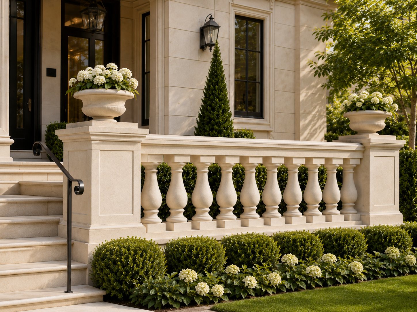 Premium sandstone-style balustrade, exterior stone railing, and facade decor on a residential entrance